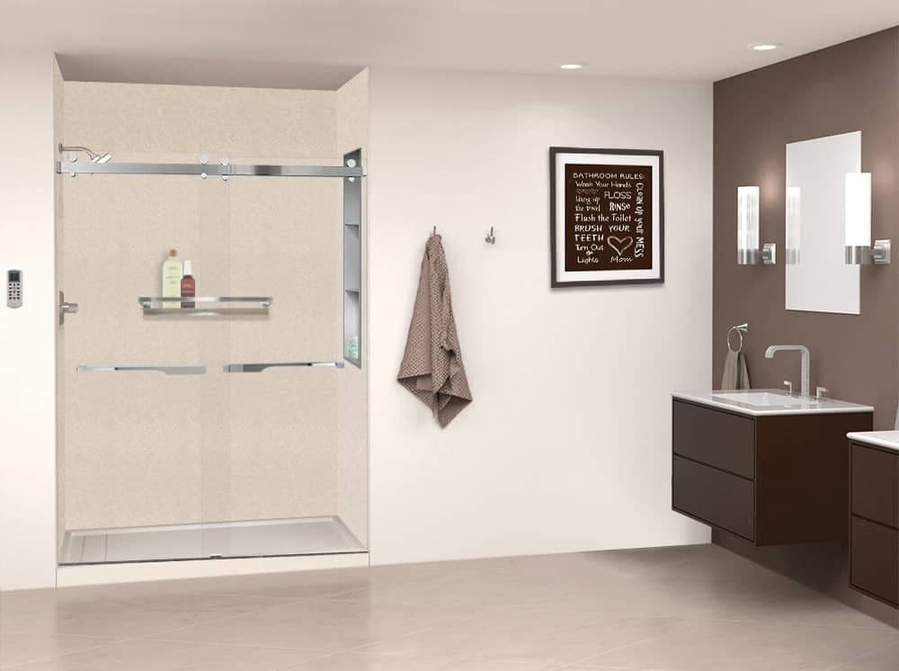 Modern walk-in shower with glass doors, illustrating professional bathroom remodeling services.